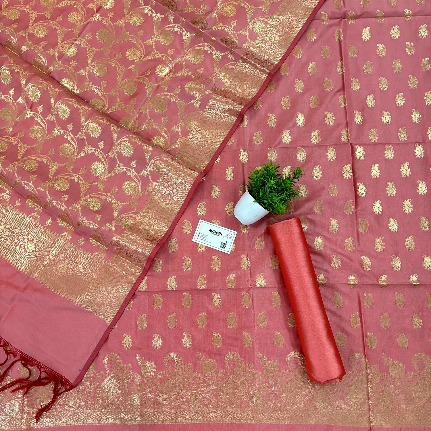 Peach Godzilla Satin Silk Banarasi Suit