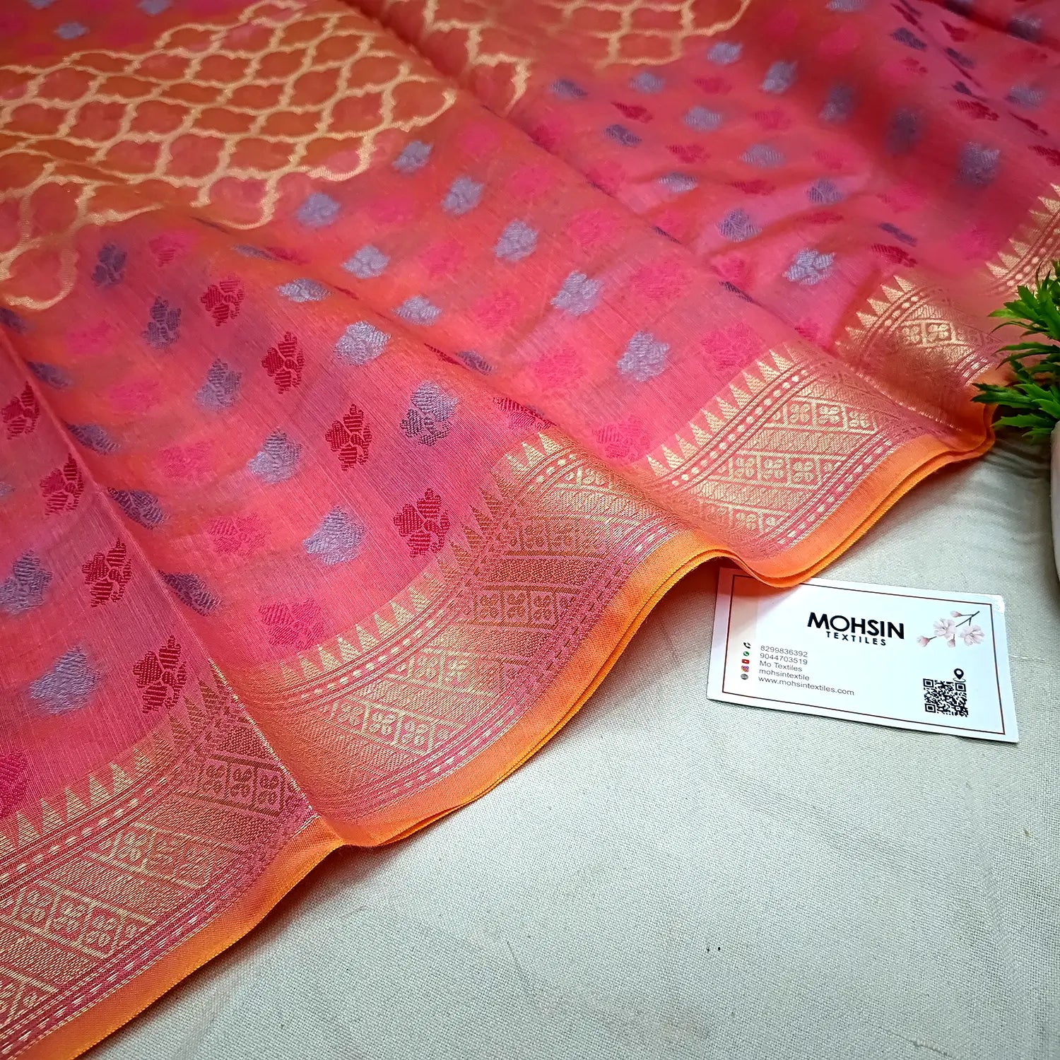 Peach Golden Zari Banarasi Silk Dupatta