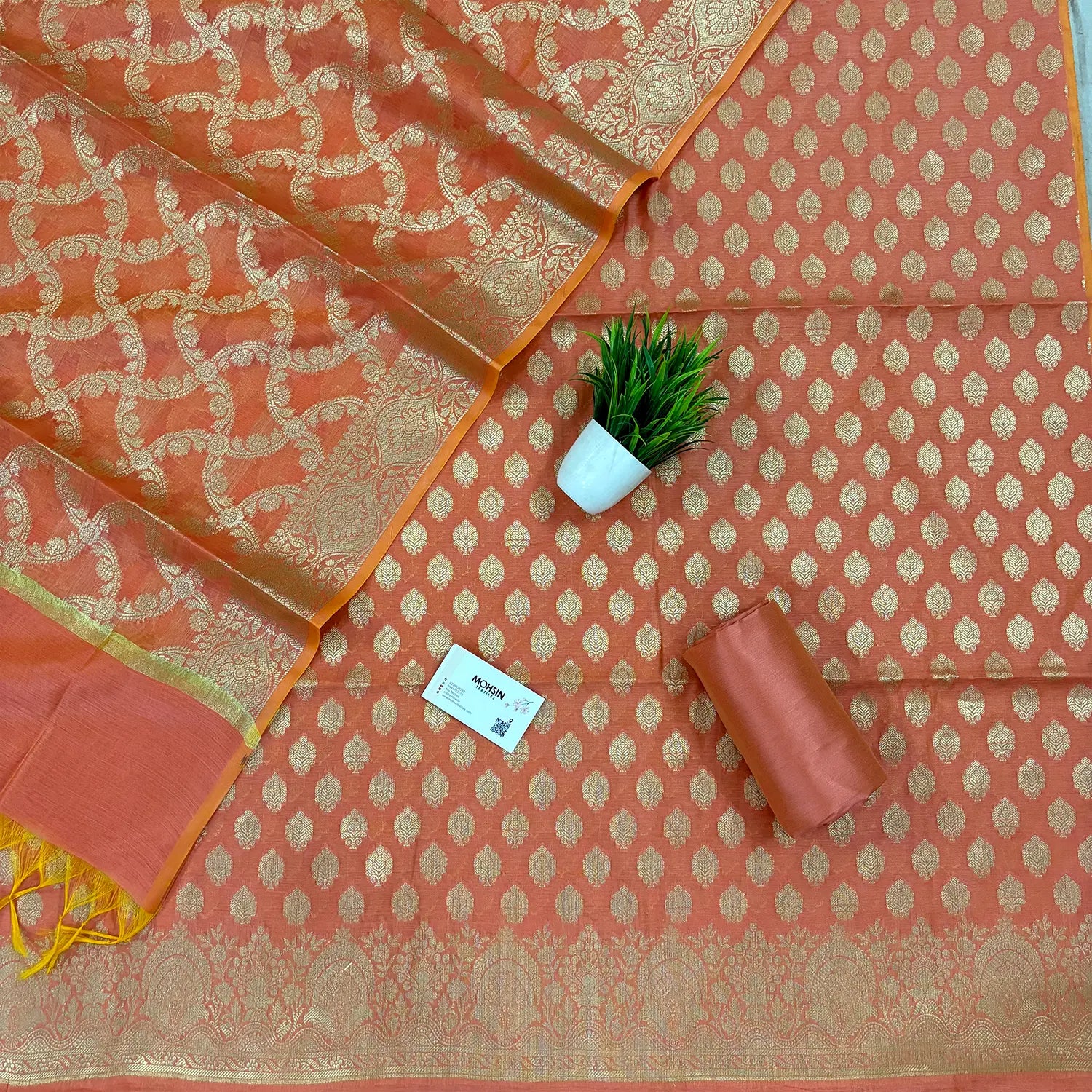 Peach Golden Zari Resham Silk Banarasi Suit