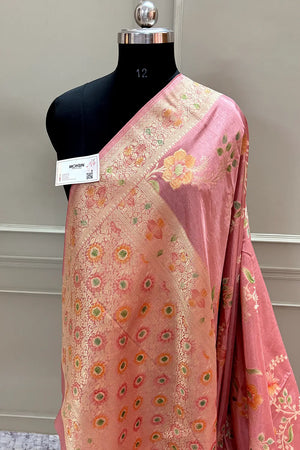 Peach Shakahari Jaal Georgette Silk Banarasi Saree