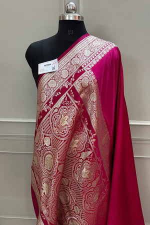 Pink Plain Golden Zari Katan Silk Banarasi Saree