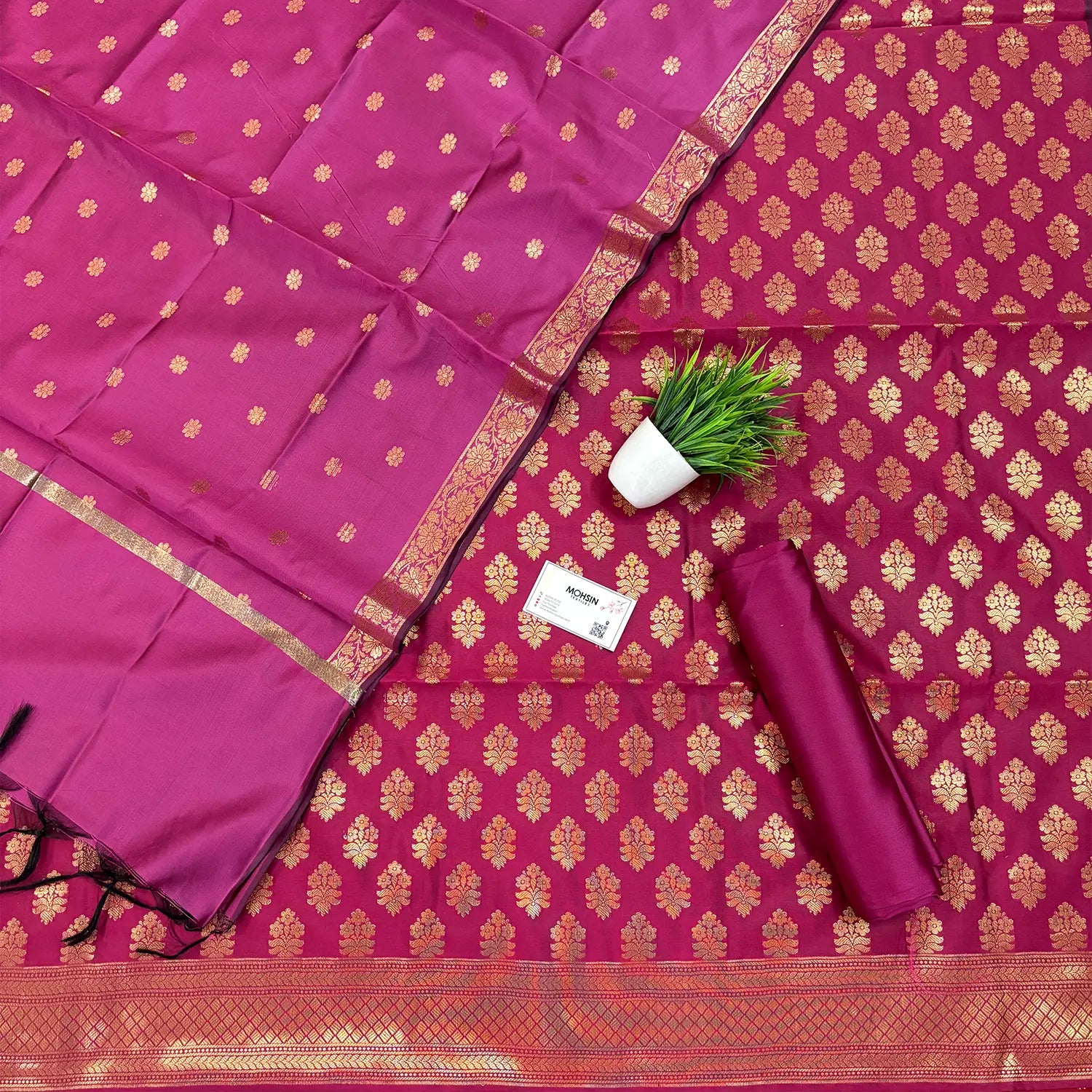 Pink Tri Phool Satin Silk Banarasi Suit