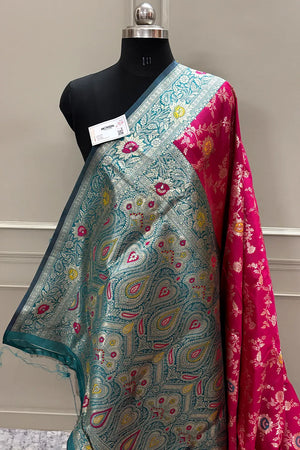 Pink and Teal Golden Zari Silky Banarasi Saree