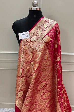 Pinkish Red Bhawar Jaal Katan Silk Banarasi Saree