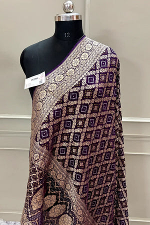 Purple Bandhej Georgette Silk Banarasi Saree