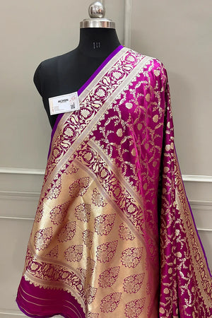 Purple Chandramukhi Jaal Katan Silk Banarasi Saree