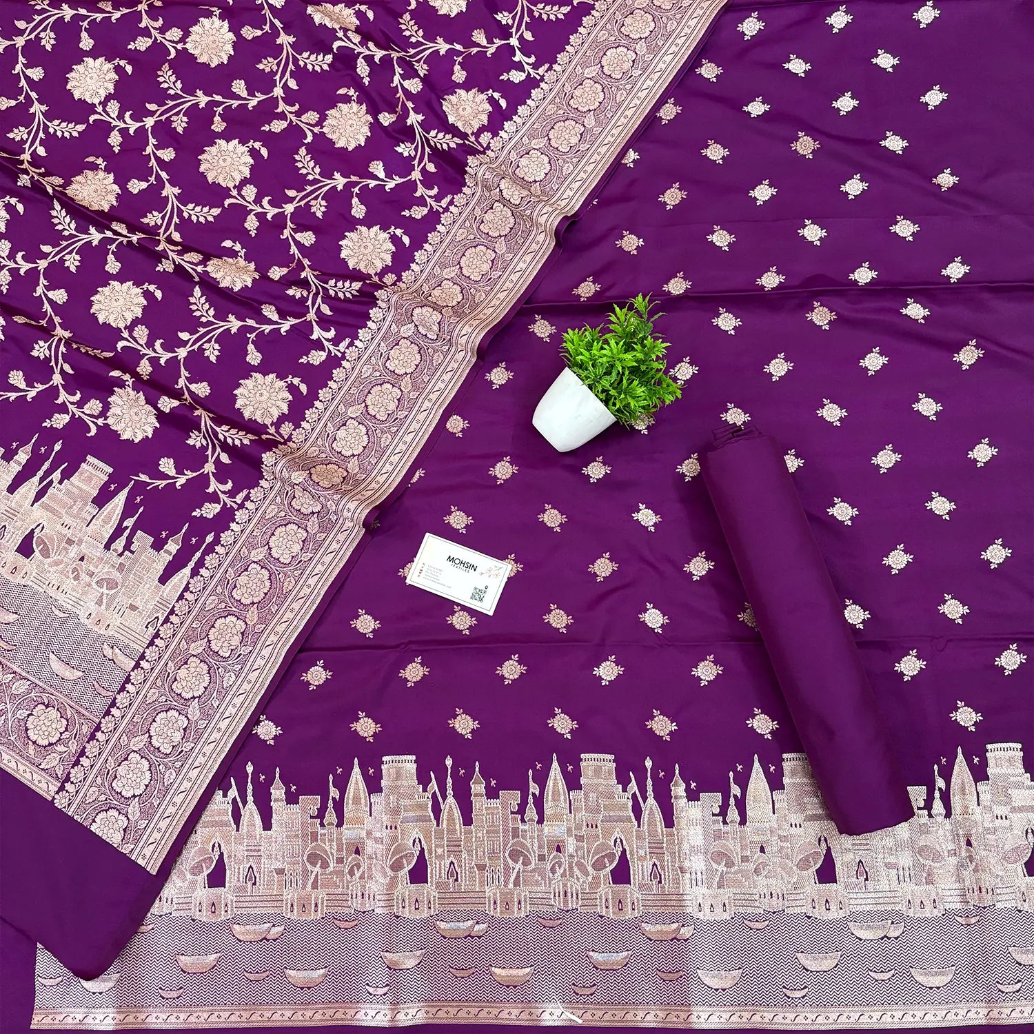 Purple Ganga Ghat Katan Silk Banarasi Suit
