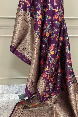 Purple Golden Zari Katan Silk Banarasi Dupatta