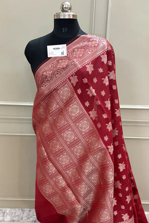 Red Autumn Buti Chanderi Silk Banarasi Saree
