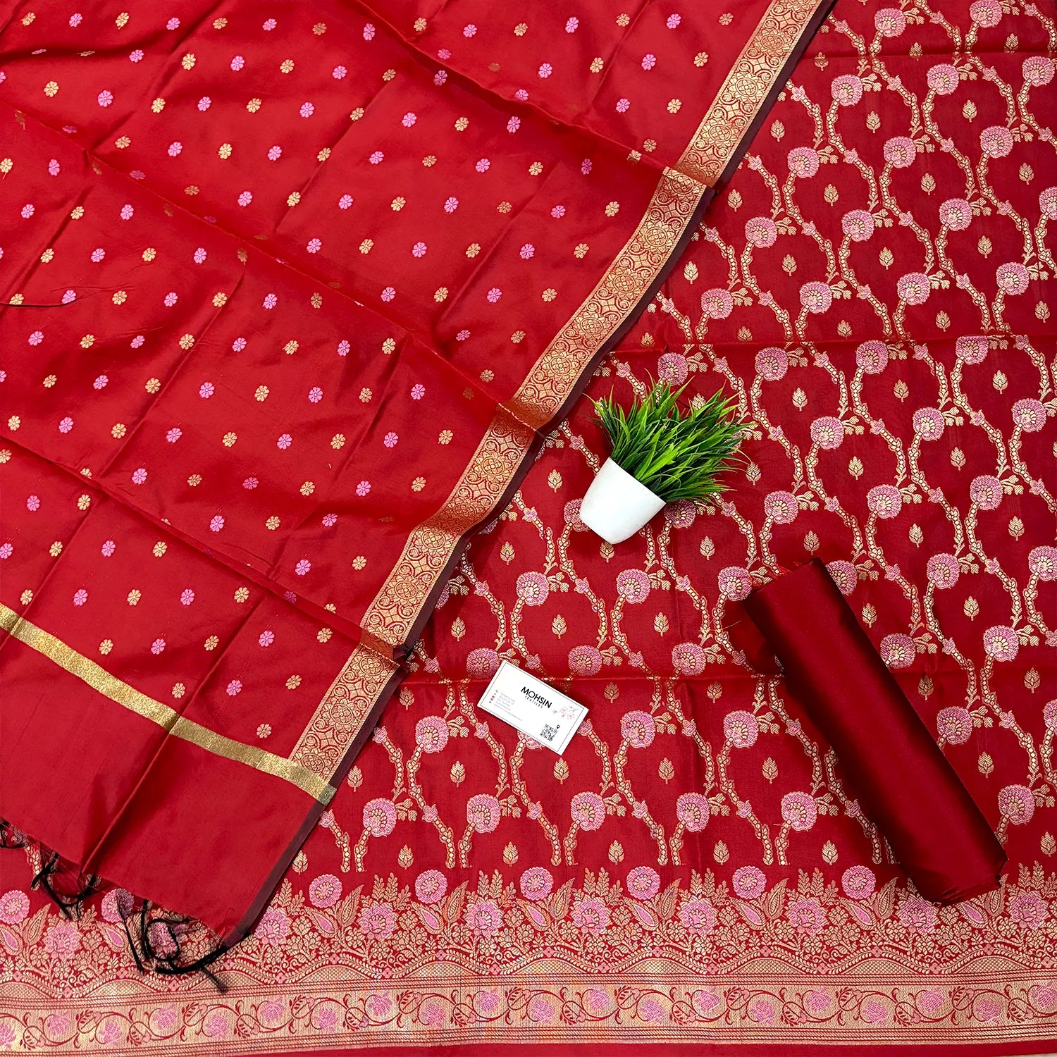 Red Golden Zari Satin Silk Banarasi Suit