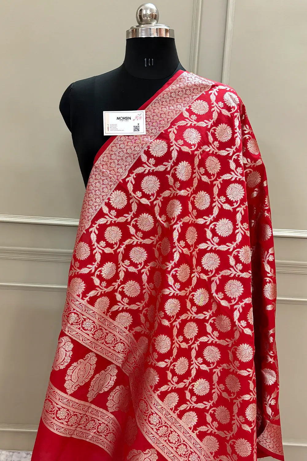 Red Golden Zari Katan Silk Banarasi Dupatta