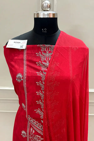 Red Printed Cotton Silk Banarasi Suit