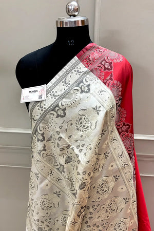 Red and Beige Plain Resham Silk Banarasi Saree