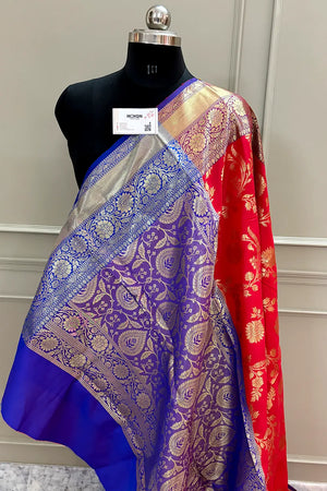 Red and Royal Blue Morpankhi Jaal Satin Silk Banarasi Saree