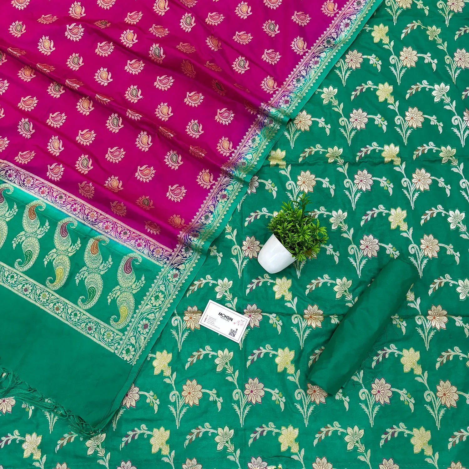 Sea Green and Pink Golden Zari Katan Silk Banarasi Saree