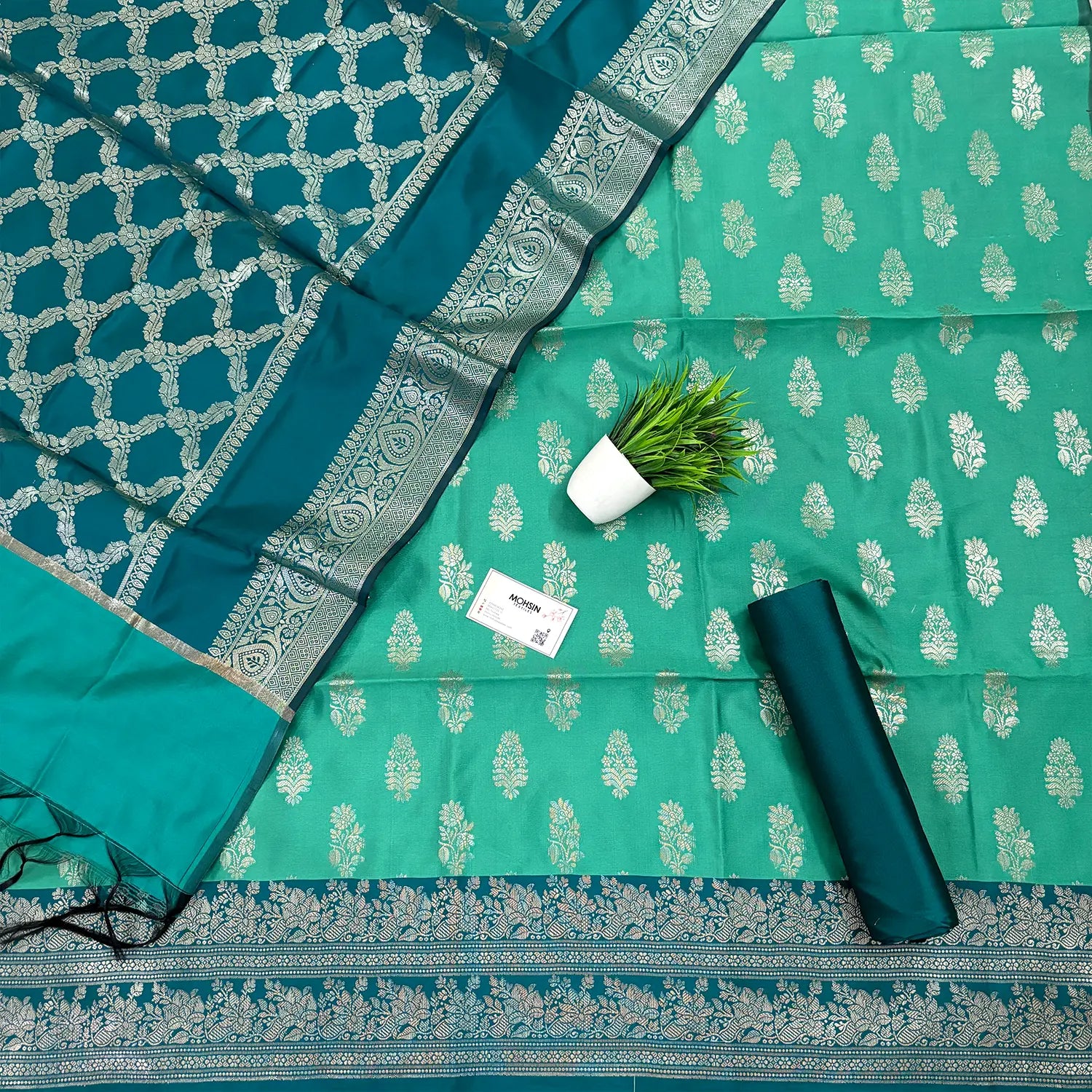 Sea Green and Teal Phooldaan Buti Satin Silk Banarasi Suit
