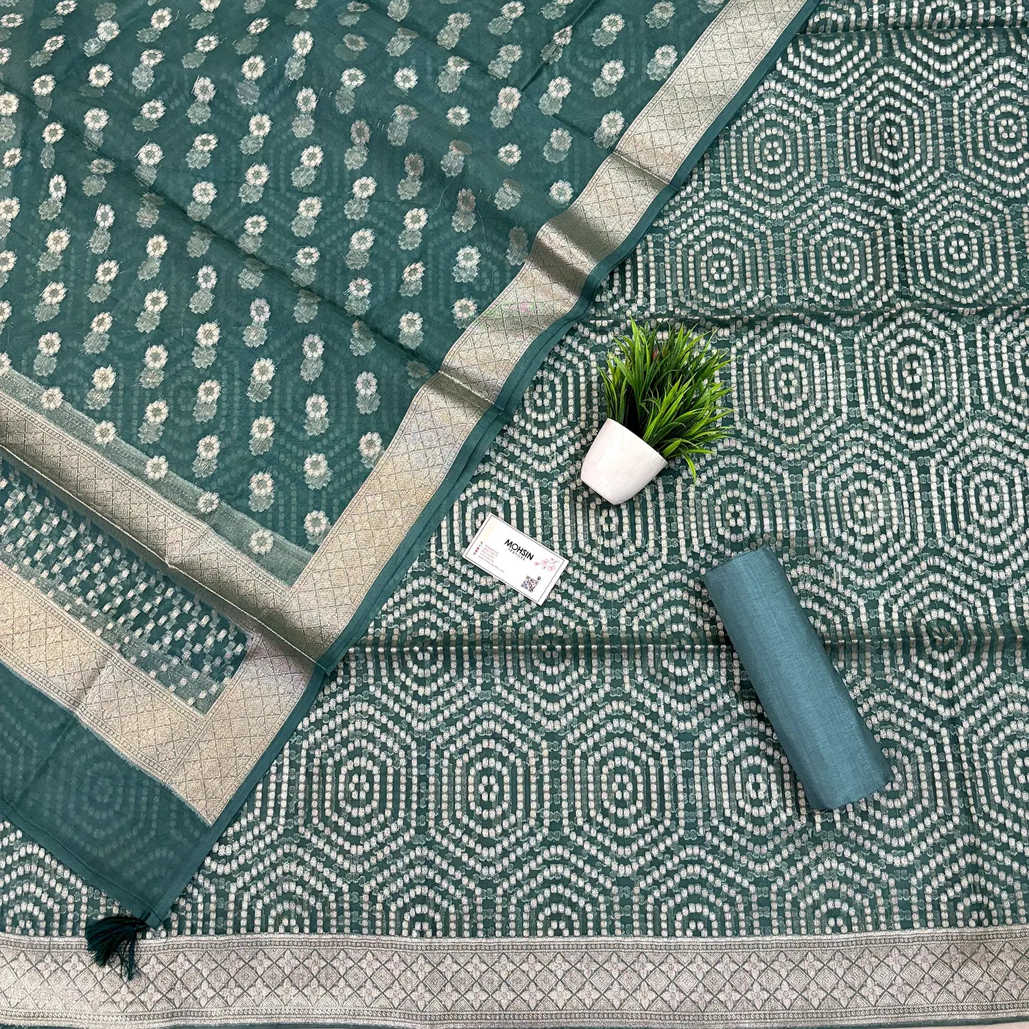 Teal Chalava Organza Silk Banarasi Suit