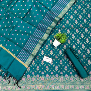 Teal Golden Zari Satin Silk Banarasi Suit