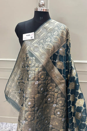 Teal Golden Zari Organza Silk Banarasi Saree