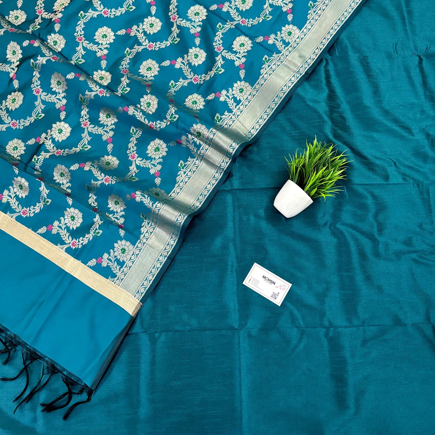 Teal Plain Dupion Silk Banarasi Suit