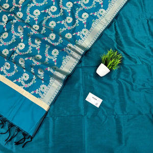 Teal Plain Dupion Silk Banarasi Suit