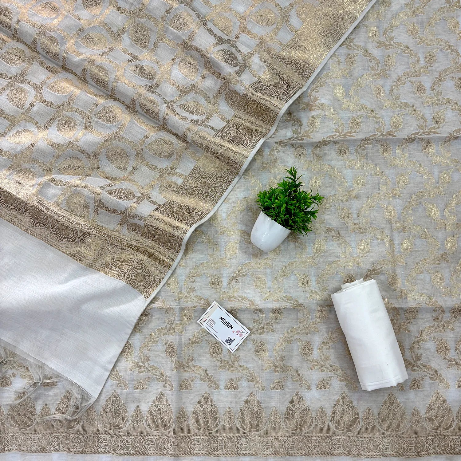 White Golden Zari Banarasi Silk Suit