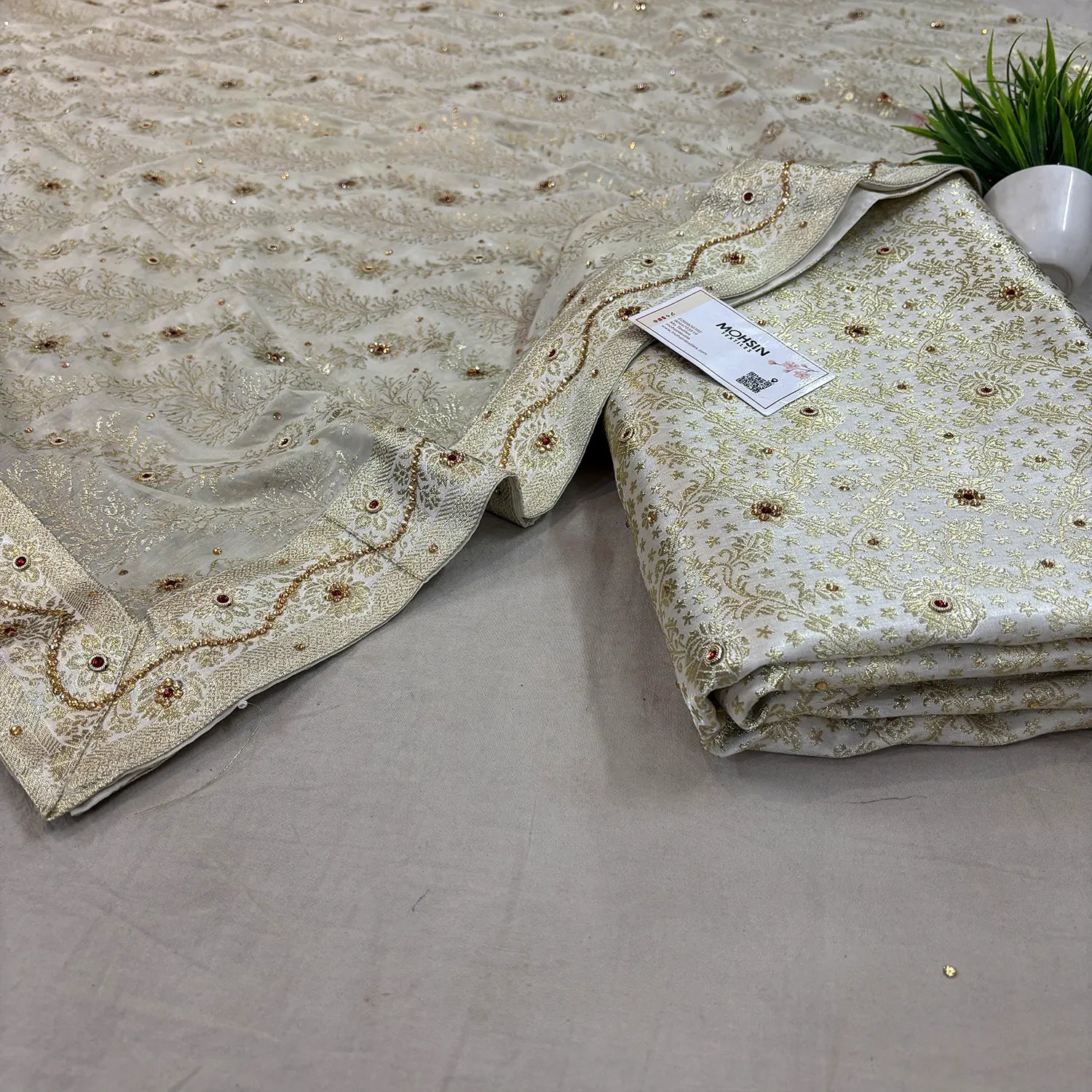 White Stone Work Kimkhab Silk Banarasi Gharara