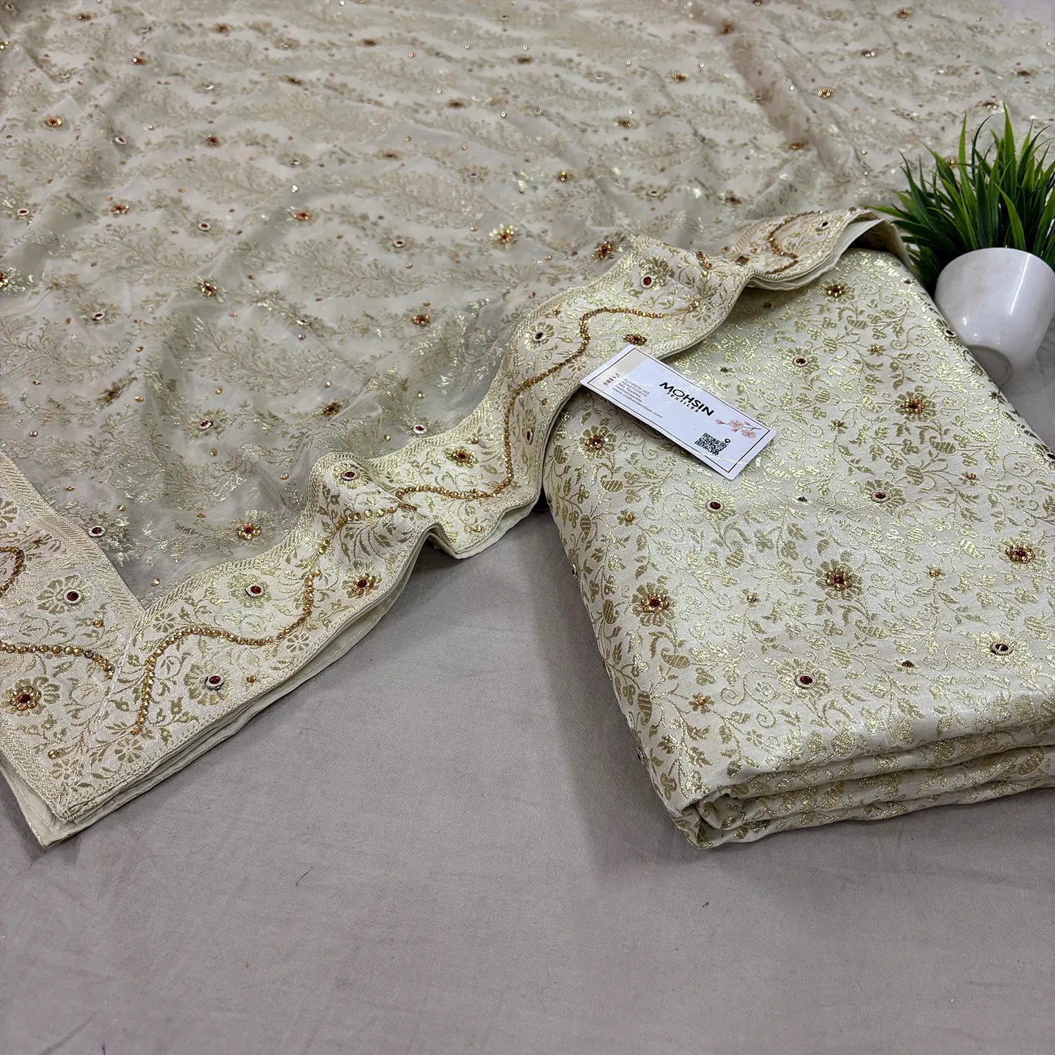 White Stone Work Kimkhab Silk Banarasi Gharara