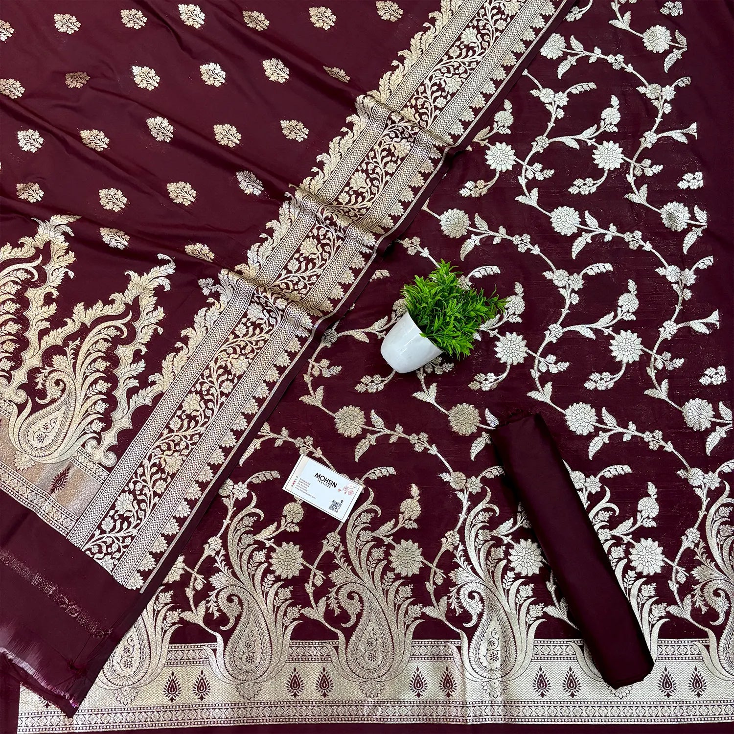 Wine Golden Zari Katan Silk Banarasi Suit