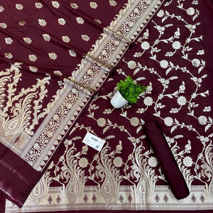 Wine Golden Zari Katan Silk Banarasi Suit