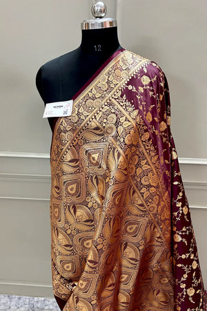 Wine Jangla Katan Silk Banarasi Saree