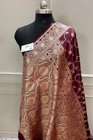 Wine Kanchan Bel Katan Silk Banarasi Saree