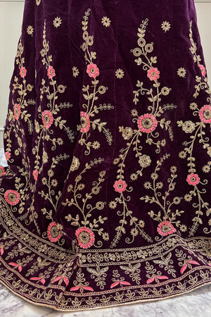 Wine and Orange Zariwork Semi Stitched Velvet Lahenga