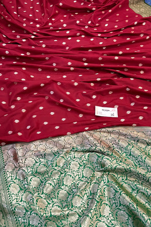 Maroon and Green Rudraksha Buti Katan Silk Banarasi Saree