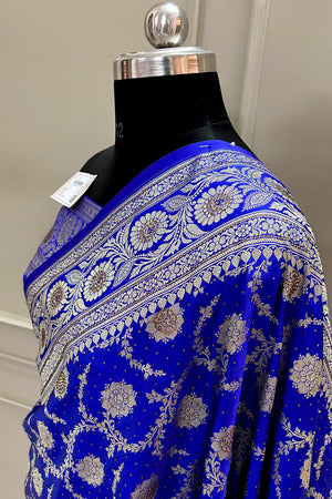 Royal Blue Murmuri Jaal Siroski Work Katan Silk Banarasi Saree