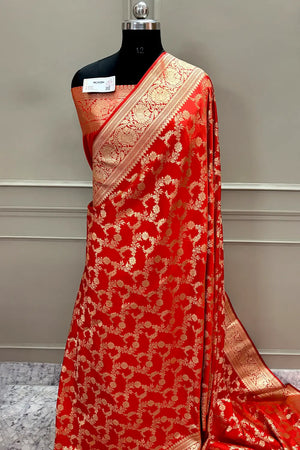 Dark Orange Moglai Jaal Katan Silk Banarasi Saree