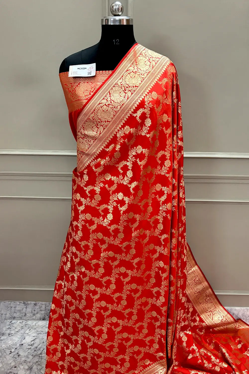 Dark Orange Moglai Jaal Katan Silk Banarasi Saree