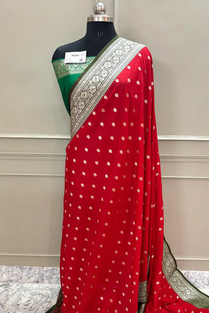 Red and Green Rudraksha Buti Katan Silk Banarasi Saree