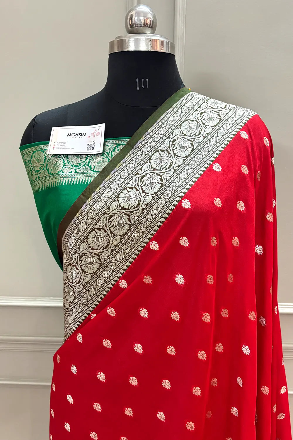 Red and Green Rudraksha Buti Katan Silk Banarasi Saree