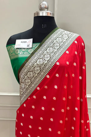 Red and Green Rudraksha Buti Katan Silk Banarasi Saree