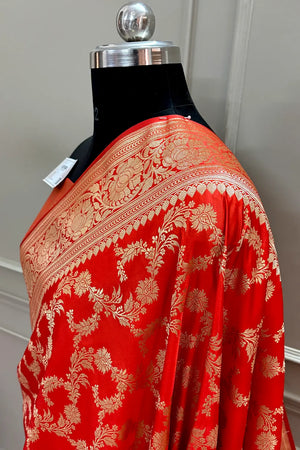 Dark Orange Moglai Jaal Katan Silk Banarasi Saree