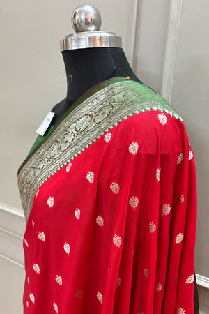 Red and Green Rudraksha Buti Katan Silk Banarasi Saree