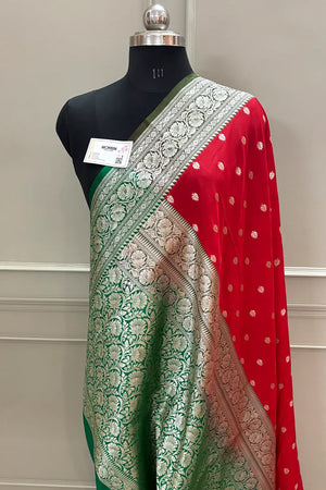 Red and Green Rudraksha Buti Katan Silk Banarasi Saree