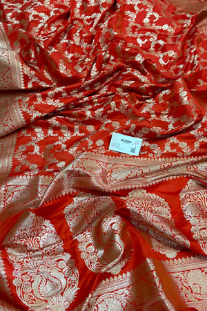 Dark Orange Moglai Jaal Katan Silk Banarasi Saree