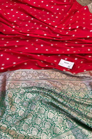 Red and Green Rudraksha Buti Katan Silk Banarasi Saree