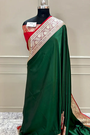 Botte Green and Red Royal Plain Katan Silk Banarasi Saree