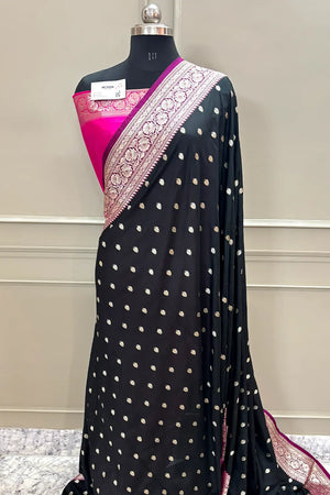 Black and Pink Rudraksha Buti Katan Silk Banarasi Saree