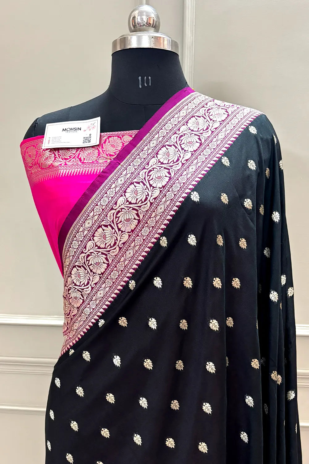 Black and Pink Rudraksha Buti Katan Silk Banarasi Saree