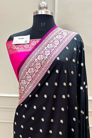 Black and Pink Rudraksha Buti Katan Silk Banarasi Saree
