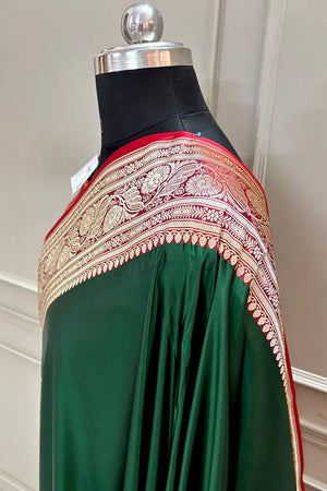Botte Green and Red Royal Plain Katan Silk Banarasi Saree